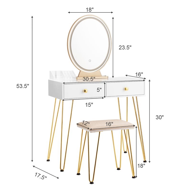 Pemberly Row Vanity Makeup Dressing Table with Mirror Touch Switch in White