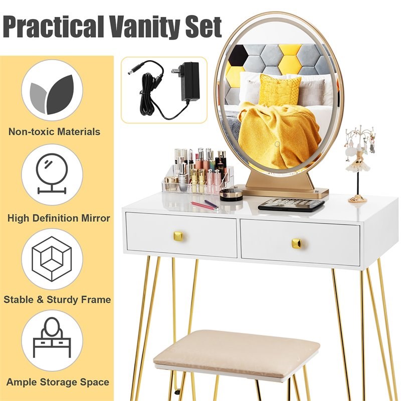 Pemberly Row Vanity Makeup Dressing Table with Mirror Touch Switch in White