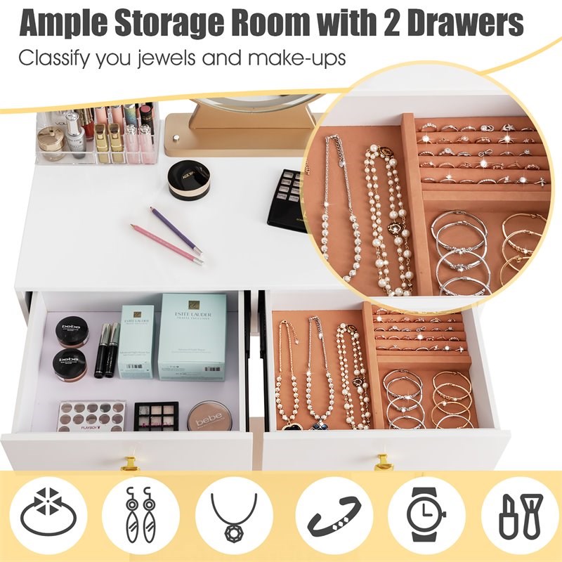 Pemberly Row Vanity Makeup Dressing Table with Mirror Touch Switch in White