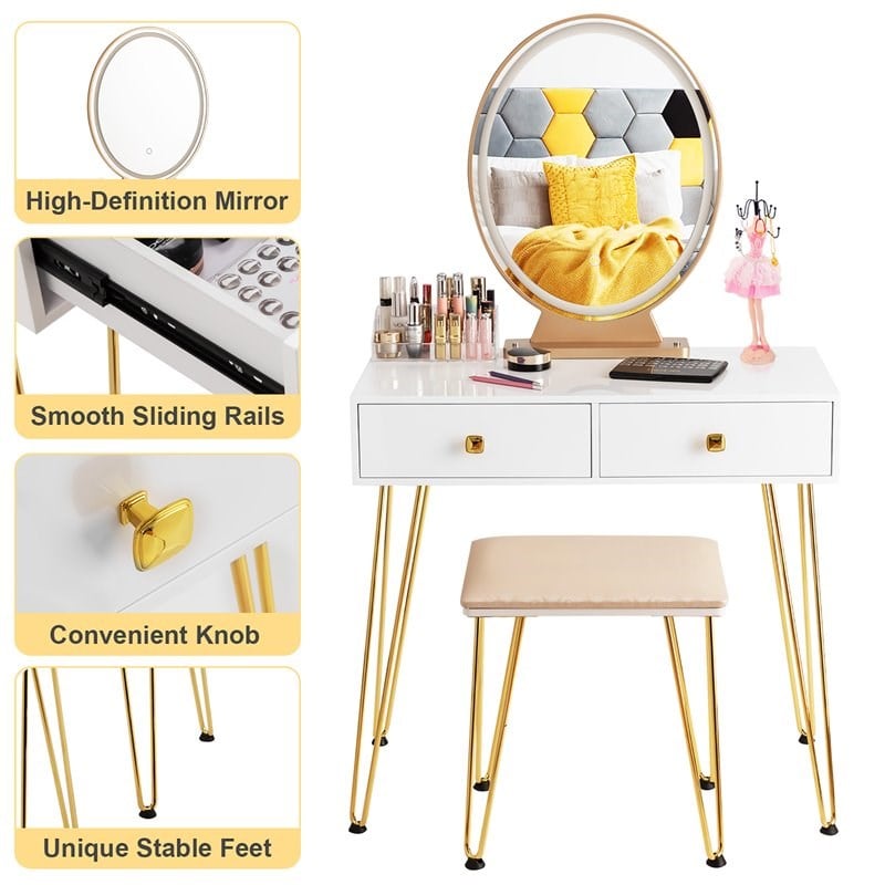Pemberly Row Vanity Makeup Dressing Table with Mirror Touch Switch in White
