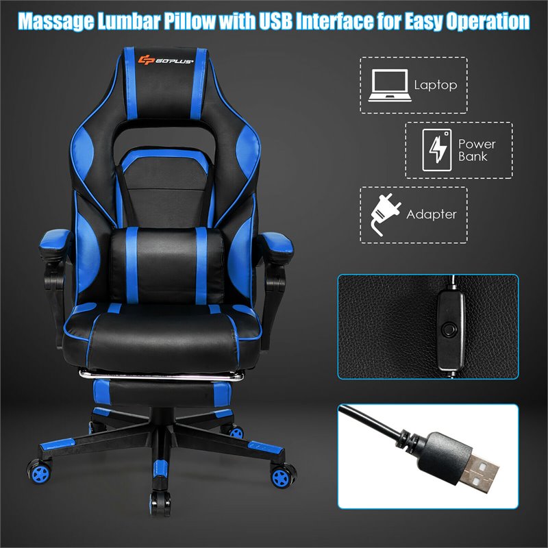 Pemberly Row PVC and Sponge Massage Gaming Chair with Footrest in Blue