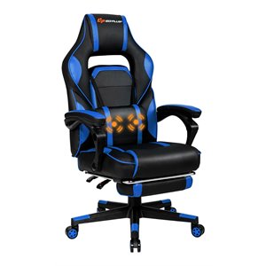 Pemberly Row PVC and Sponge Massage Gaming Chair with Footrest in Blue