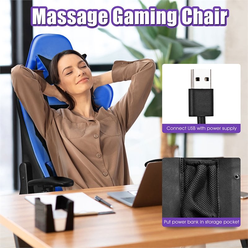 Pemberly Row PVC and Sponge Massage Gaming Chair with Footrest in Blue