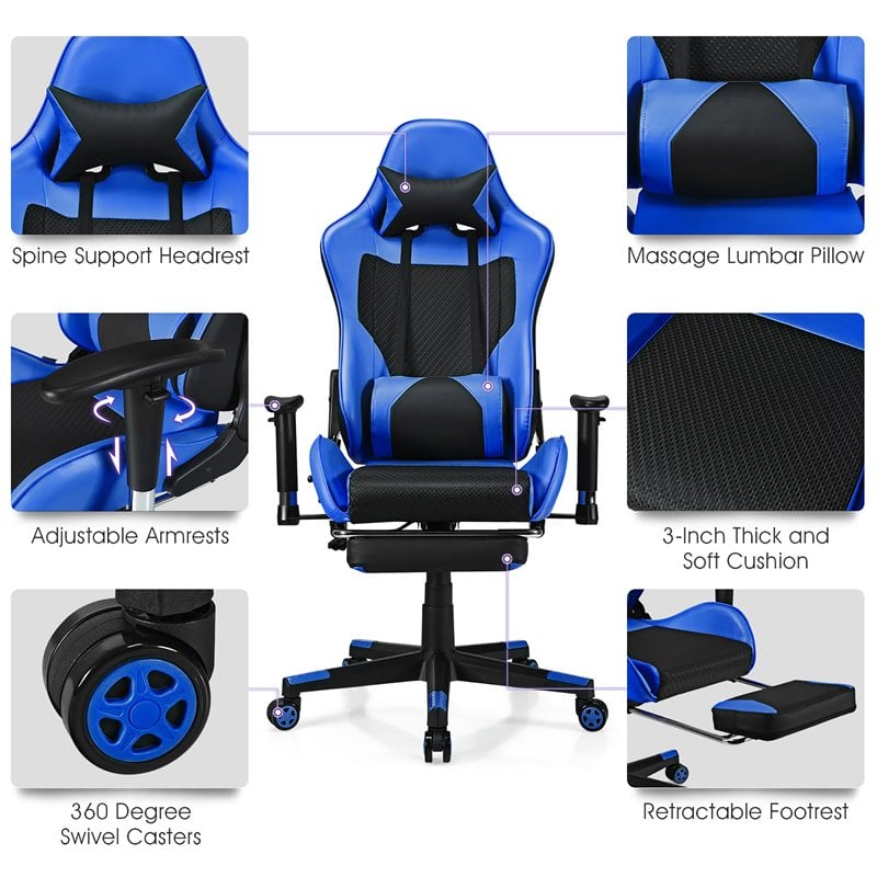 Pemberly Row PVC and Sponge Massage Gaming Chair with Footrest in Blue