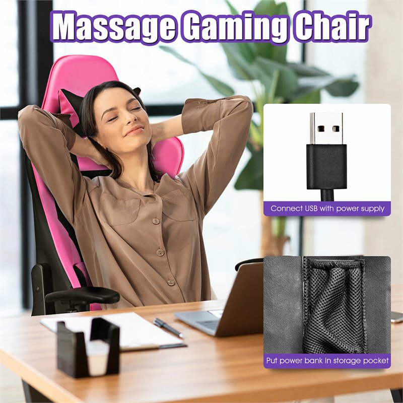 Pemberly Row PVC and Sponge Massage Gaming Chair with Footrest in Pink