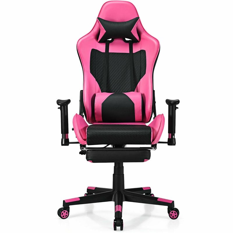 Pemberly Row PVC and Sponge Massage Gaming Chair with Footrest in Pink