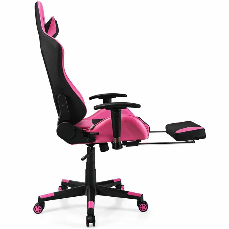 Pemberly Row PVC and Sponge Massage Gaming Chair with Footrest in Pink