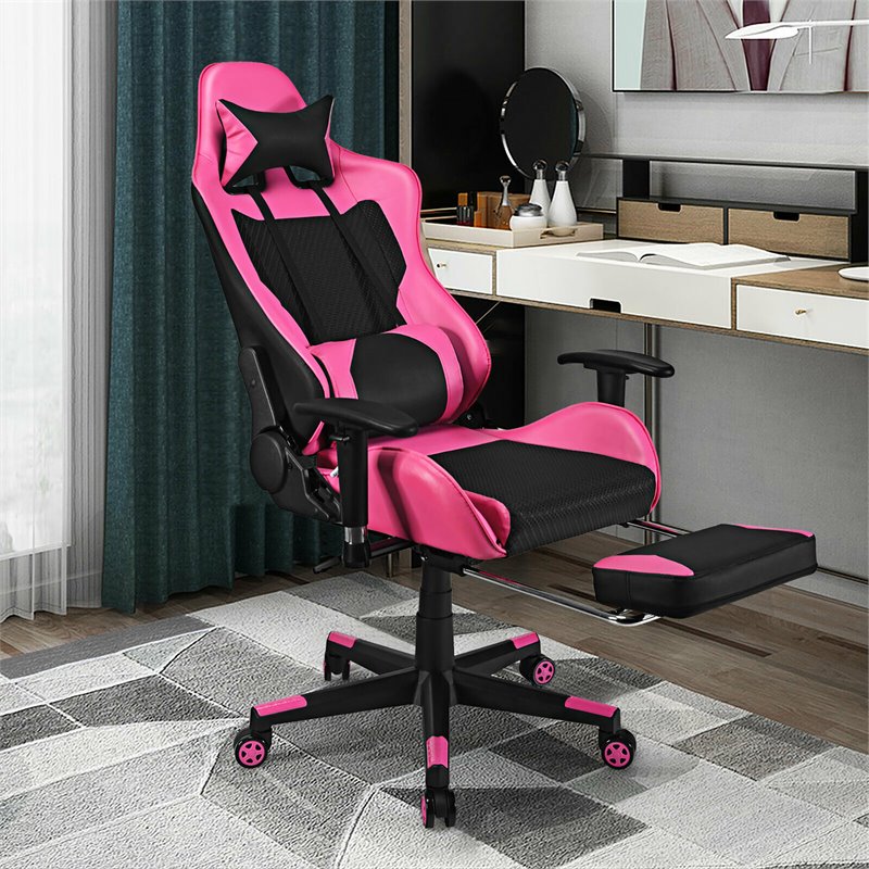 Pemberly Row PVC and Sponge Massage Gaming Chair with Footrest in Pink