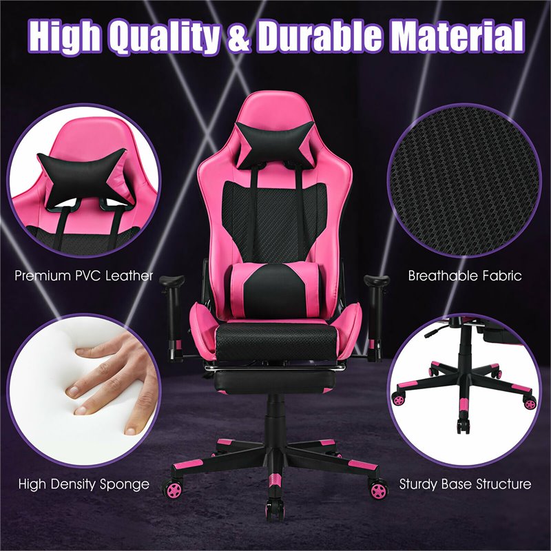 Pemberly Row PVC and Sponge Massage Gaming Chair with Footrest in Pink