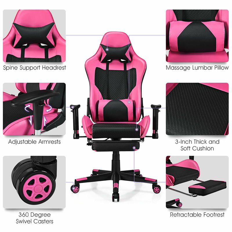Pemberly Row PVC and Sponge Massage Gaming Chair with Footrest in Pink