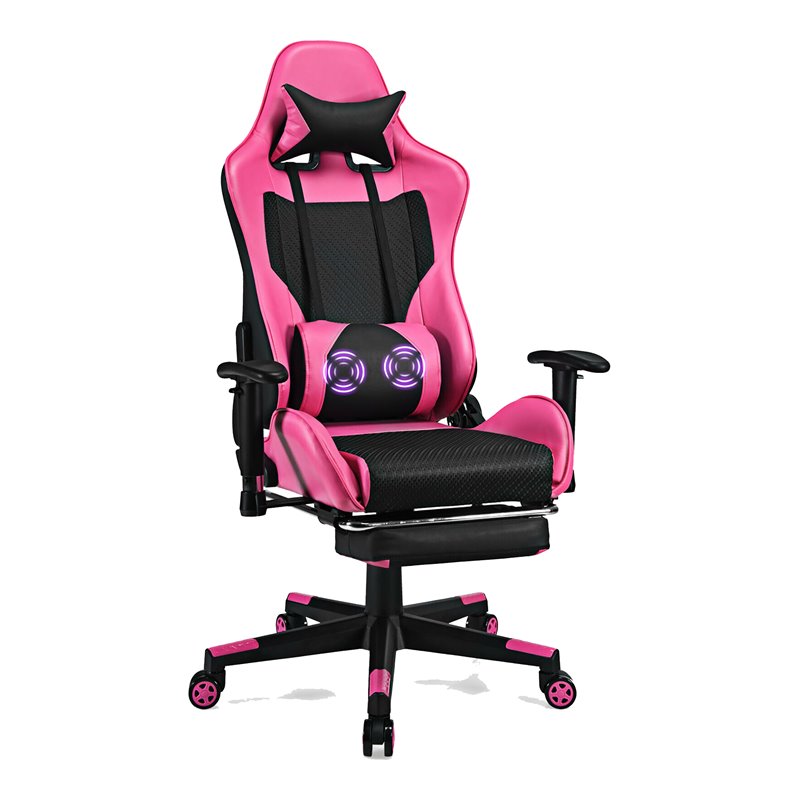 Pemberly Row PVC and Sponge Massage Gaming Chair with Footrest in Pink
