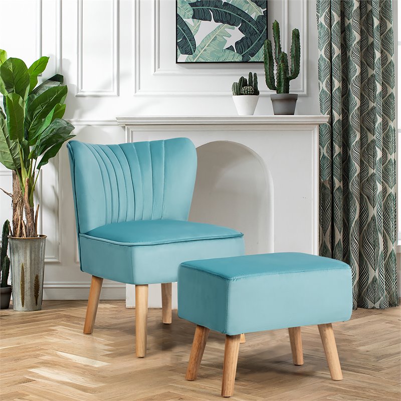 Pemberly Row Thick Padded Velvet Tufted Leisure Chair and Ottoman Set in Green