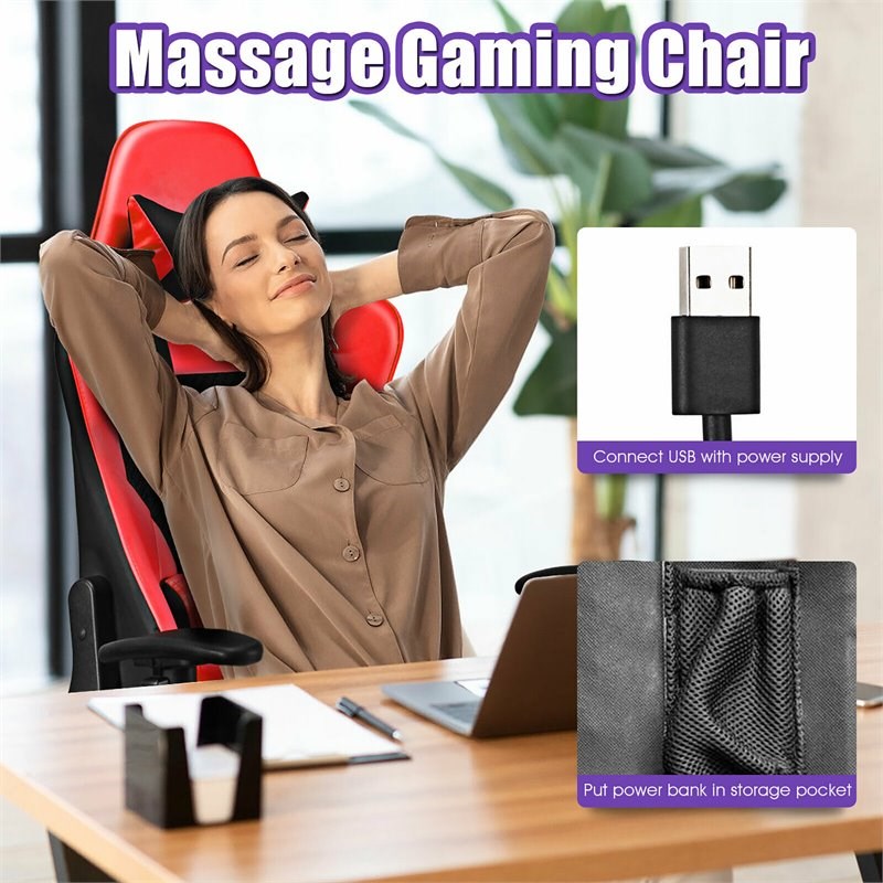 Pemberly Row PVC and Sponge Massage Gaming Chair with Footrest in Red