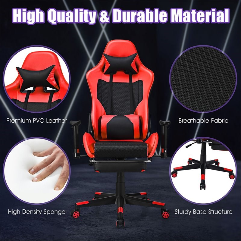 Pemberly Row PVC and Sponge Massage Gaming Chair with Footrest in Red