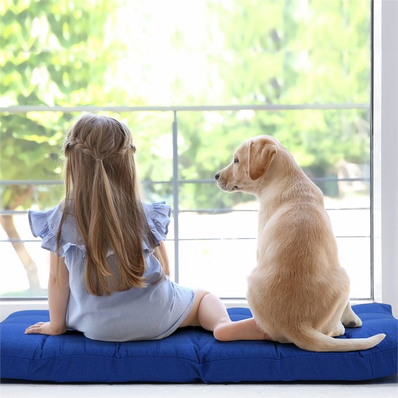 Pemberly Row Cotton Adjustable 14-Position Floor Gaming Sofa Chair in Blue