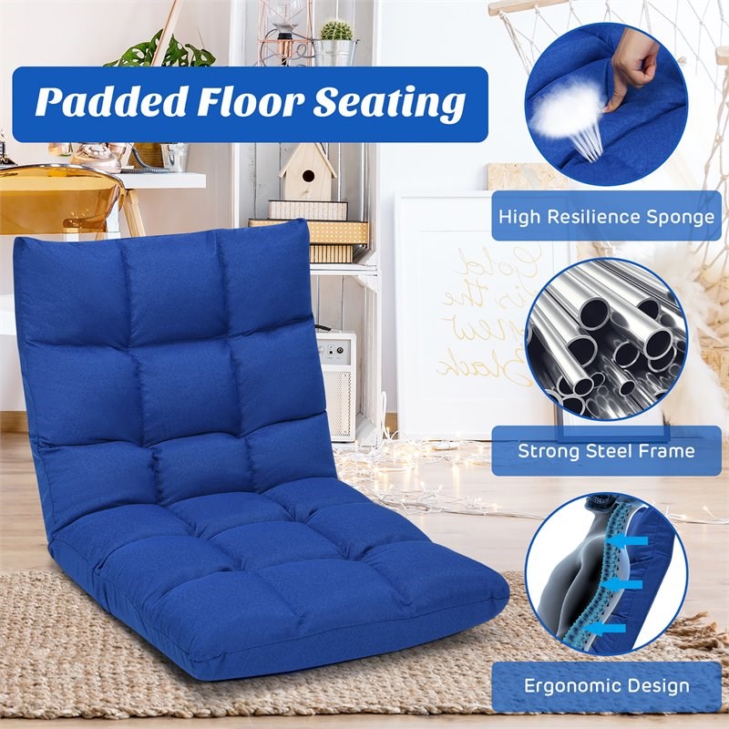Pemberly Row Cotton Adjustable 14-Position Floor Gaming Sofa Chair in Blue