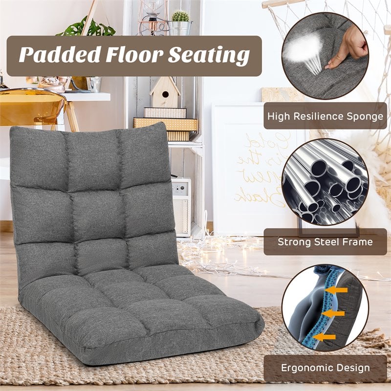 Pemberly Row Cotton Adjustable 14-Position Floor Gaming Sofa Chair in Gray