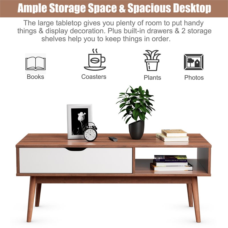 Pemberly Row Wood Coffee Table with Drawer & Storage Shelf in Walnut