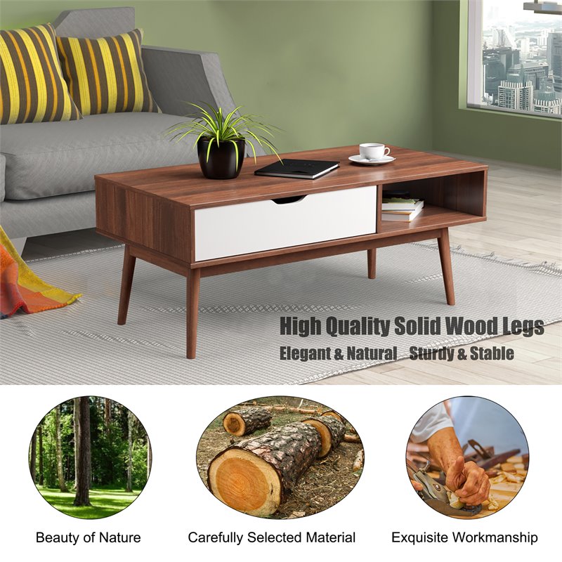 Pemberly Row Wood Coffee Table with Drawer & Storage Shelf in Walnut