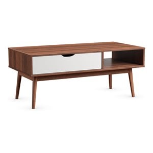 Pemberly Row Wood Coffee Table with Drawer & Storage Shelf in Walnut