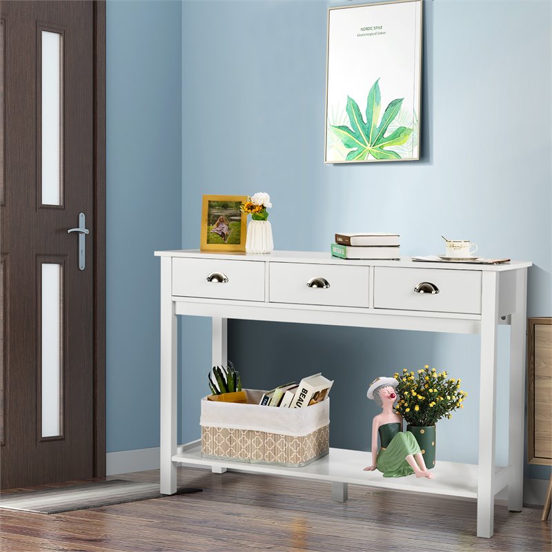 Pemberly Row Entryway Sofa Side Console Table w/ 3 Drawers Bottom Shelf in White