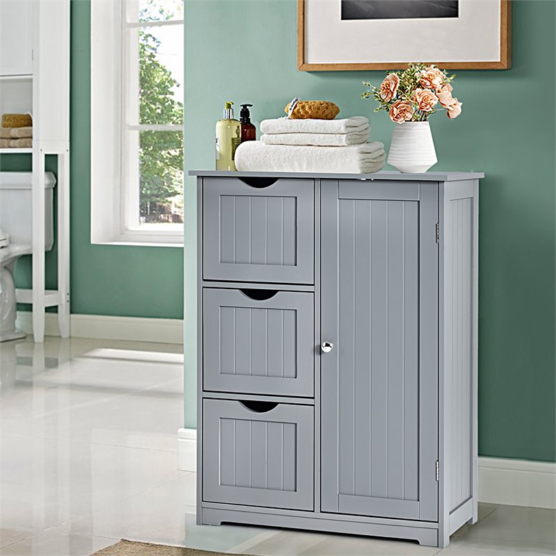 Pemberly Row Bathroom Floor Side Storage Cabinet w/ 3 Drawers & 1 Cupboard-Gray