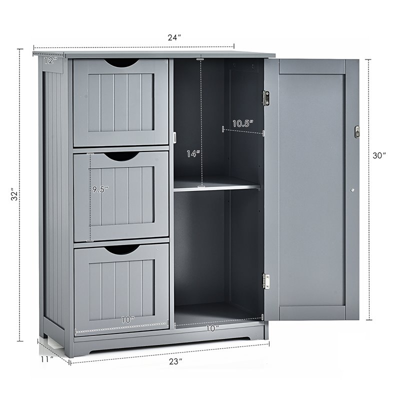 Pemberly Row Bathroom Floor Side Storage Cabinet w/ 3 Drawers & 1 Cupboard-Gray
