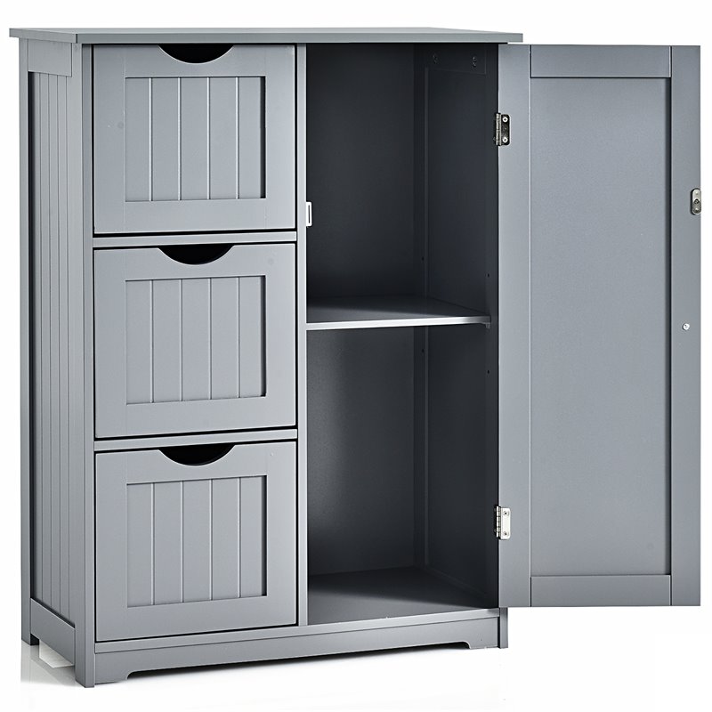 Pemberly Row Bathroom Floor Side Storage Cabinet w/ 3 Drawers & 1 Cupboard-Gray