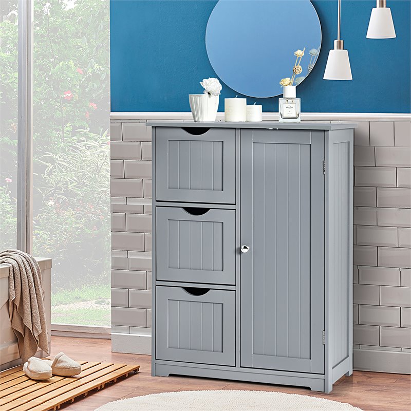 Pemberly Row Bathroom Floor Side Storage Cabinet w/ 3 Drawers & 1 Cupboard-Gray