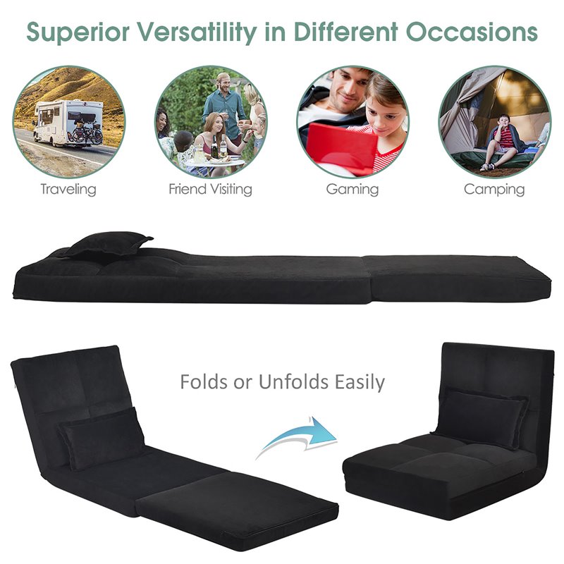 Pemberly Row Sponge & Fabric Adjustable 6-positon Floor Folding Lounger in Black