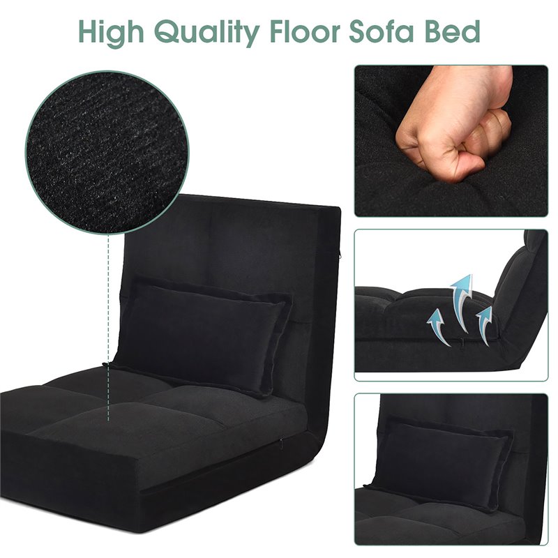 Pemberly Row Sponge & Fabric Adjustable 6-positon Floor Folding Lounger in Black