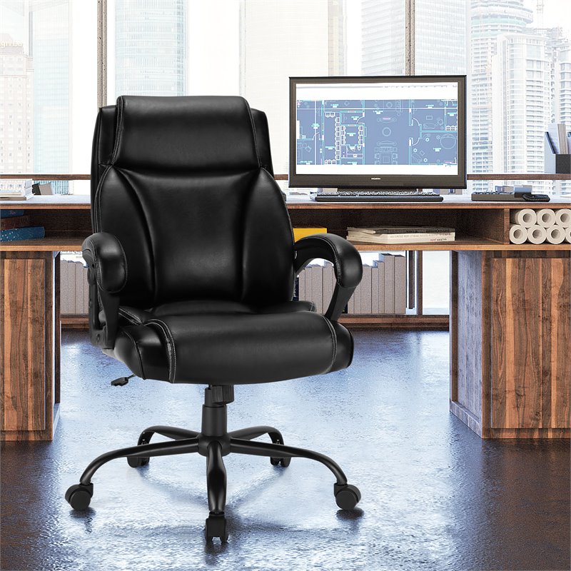 Pemberly Row PU and PVC Adjustable High Back 400 lbs Office Chair in Black