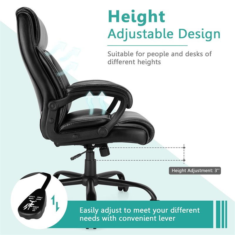Pemberly Row PU and PVC Adjustable High Back 400 lbs Office Chair in Black