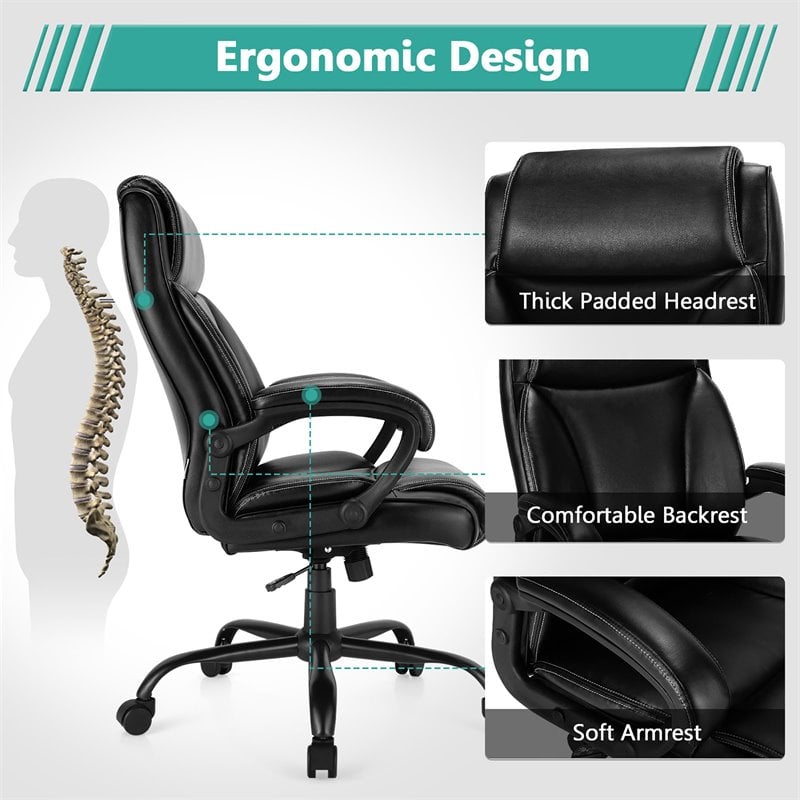 Pemberly Row PU and PVC Adjustable High Back 400 lbs Office Chair in Black