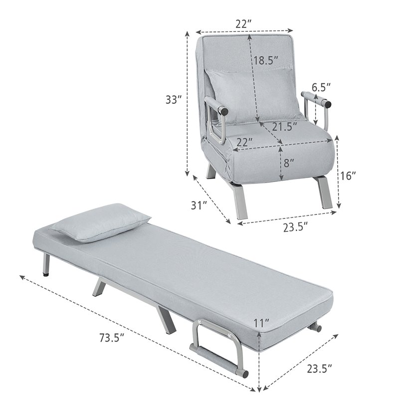 Pemberly Row Sponge Folding 5-position Convertible Sleeper Bed w/ Pillow in Gray