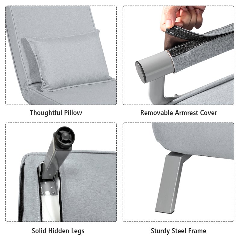 Pemberly Row Sponge Folding 5-position Convertible Sleeper Bed w/ Pillow in Gray