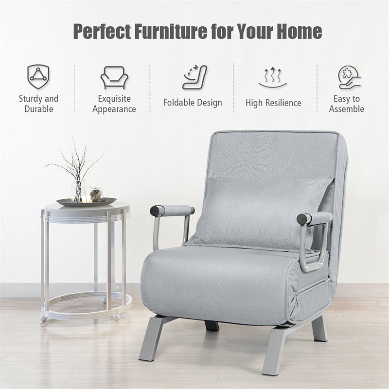 Pemberly Row Sponge Folding 5-position Convertible Sleeper Bed w/ Pillow in Gray