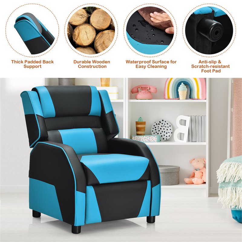 Pemberly Row Headrest & Footrest Leather Kids Youth Gaming Sofa Recliner in Blue