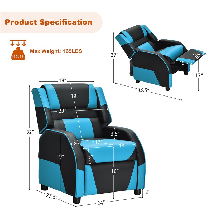Pemberly Row Headrest & Footrest Leather Kids Youth Gaming Sofa Recliner in Blue