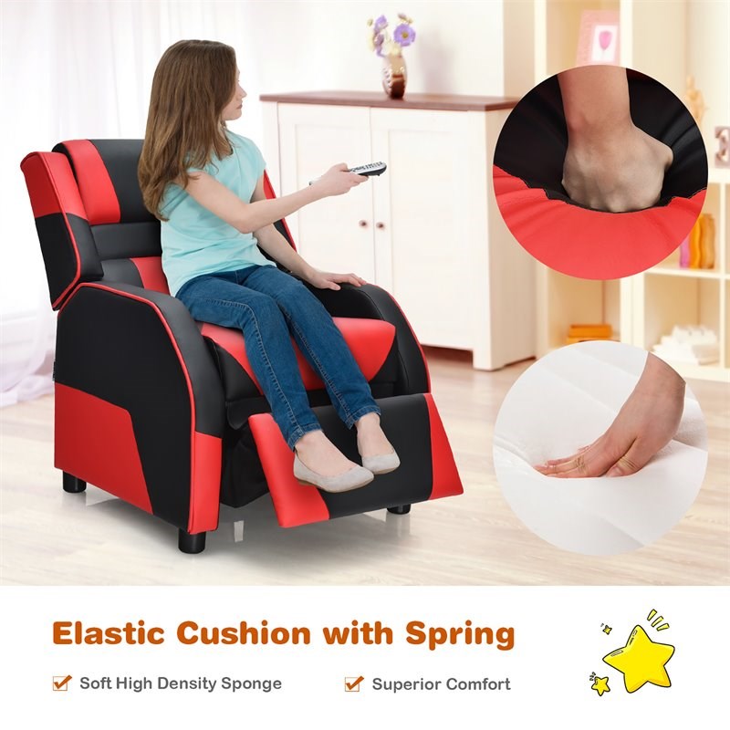 Pemberly Row Headrest & Footrest Leather Kids Youth Gaming Sofa Recliner in Red