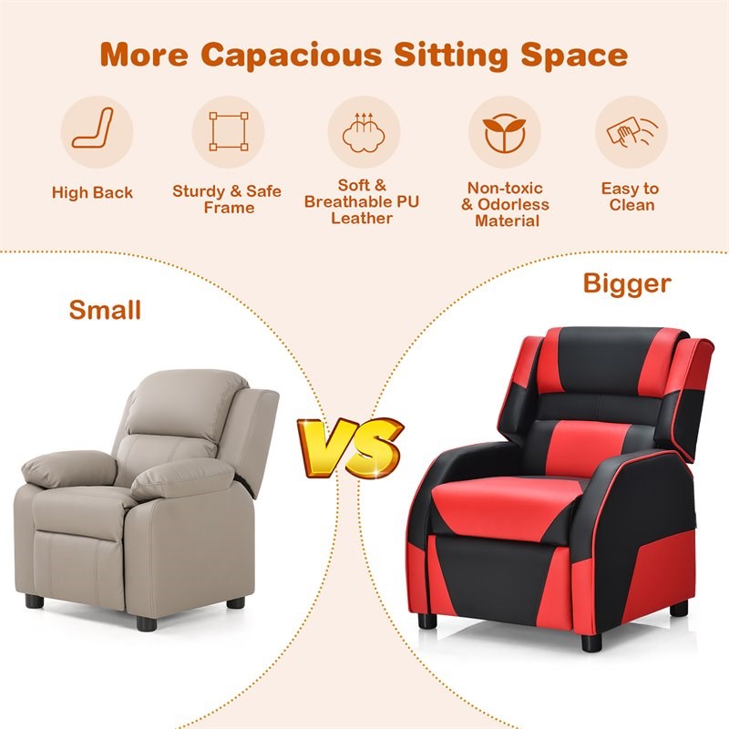 Pemberly Row Headrest & Footrest Leather Kids Youth Gaming Sofa Recliner in Red