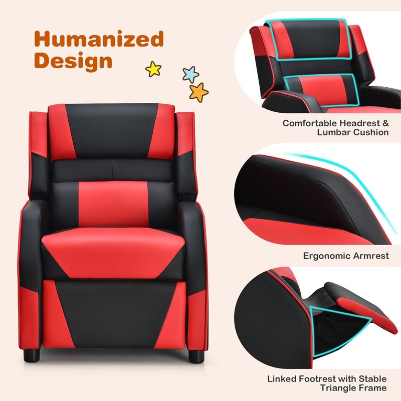 Pemberly Row Headrest & Footrest Leather Kids Youth Gaming Sofa Recliner in Red