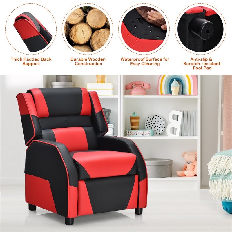 Pemberly Row Headrest & Footrest Leather Kids Youth Gaming Sofa Recliner in Red