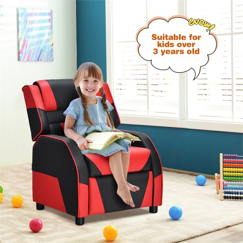 Pemberly Row Headrest & Footrest Leather Kids Youth Gaming Sofa Recliner in Red