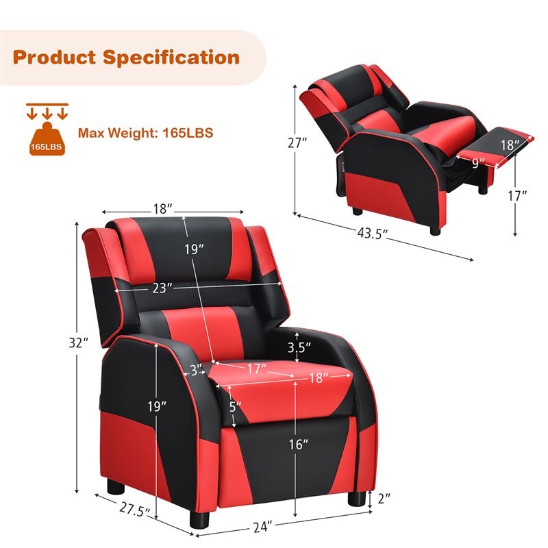 Pemberly Row Headrest & Footrest Leather Kids Youth Gaming Sofa Recliner in Red