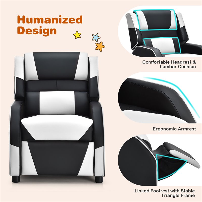 Pemberly Row Headrest & Footrest Leather Kids Youth Gaming Sofa Recliner - White