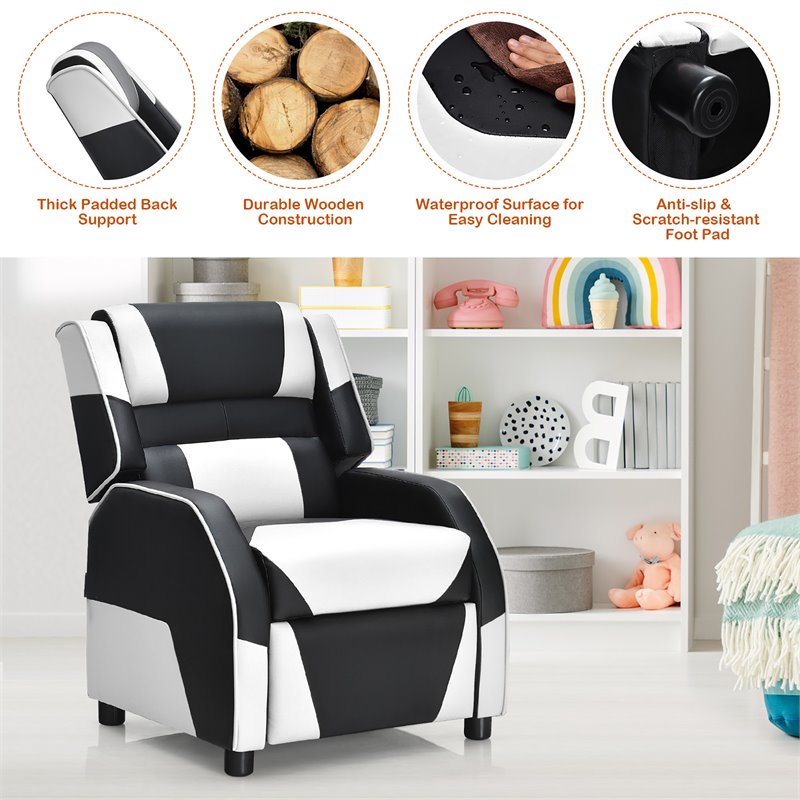 Pemberly Row Headrest & Footrest Leather Kids Youth Gaming Sofa Recliner - White