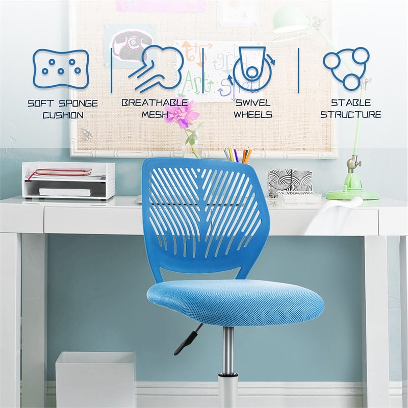 Pemberly Row Sponge Adjustable Mid Back Swivel Armless Office Chair in Blue