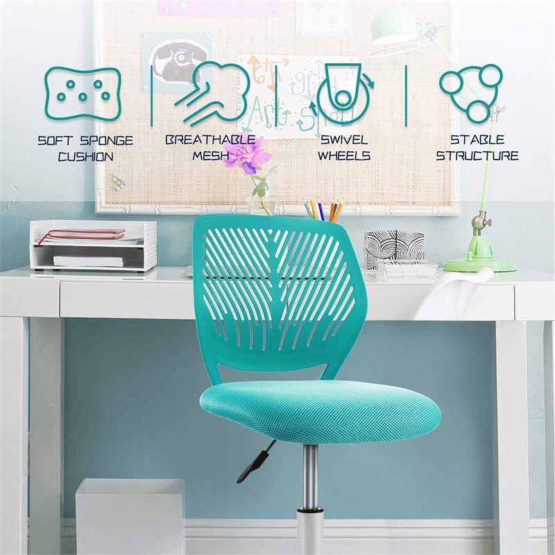 Pemberly Row Sponge Adjustable Mid Back Swivel Armless Office Chair in Turquoise