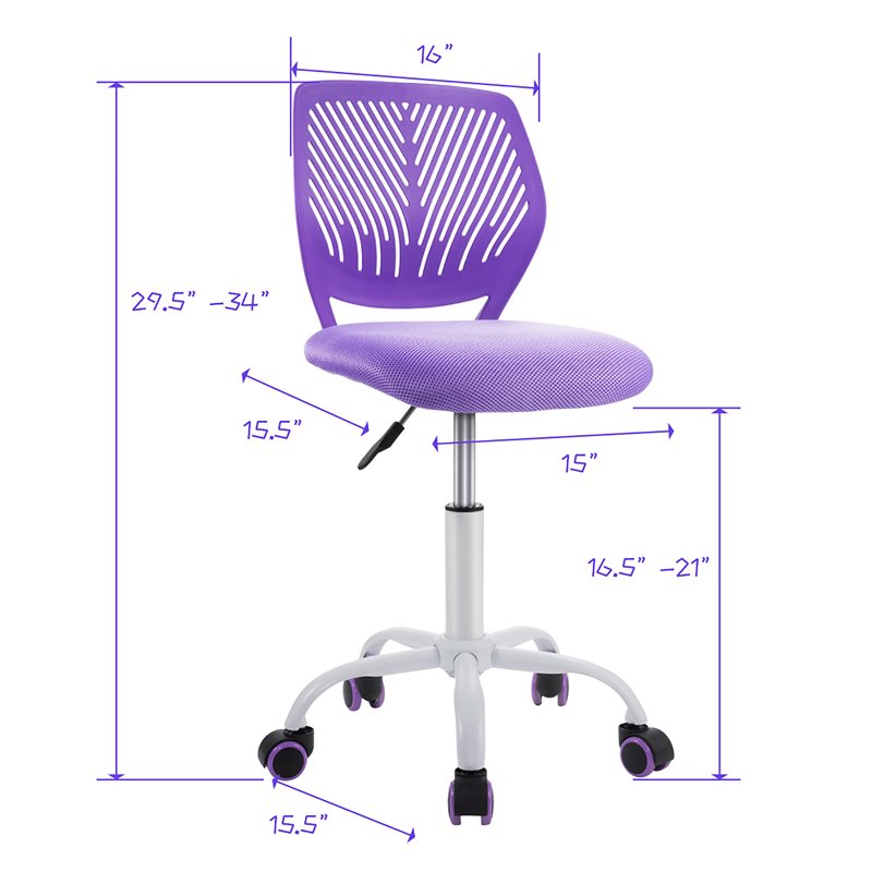 Pemberly Row Sponge Adjustable Mid Back Swivel Armless Office Chair in Purple